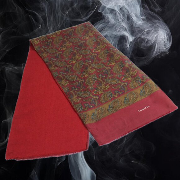 Christian Dior Wine Paisley Silk Face Wool Back Long Rectangle Muffle Scarf - Picture 3 of 7